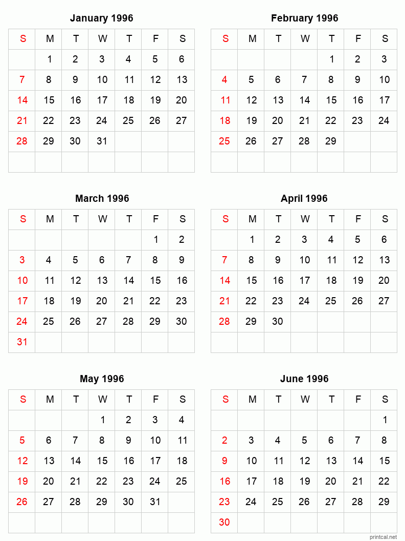 6 month calendar January to June 1996