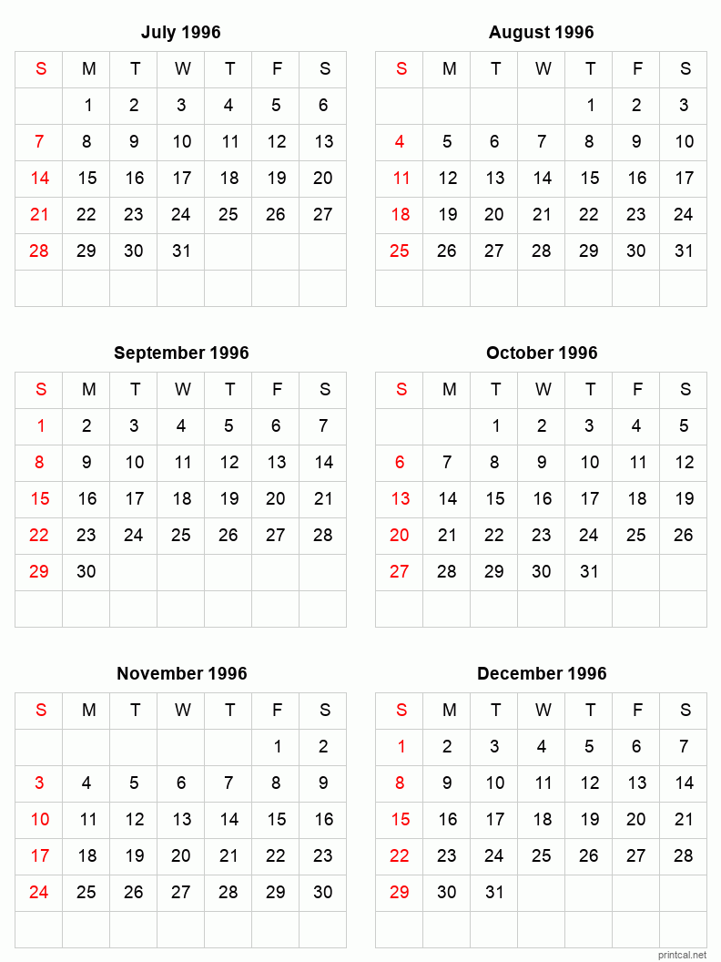 6 month calendar July to December 1996