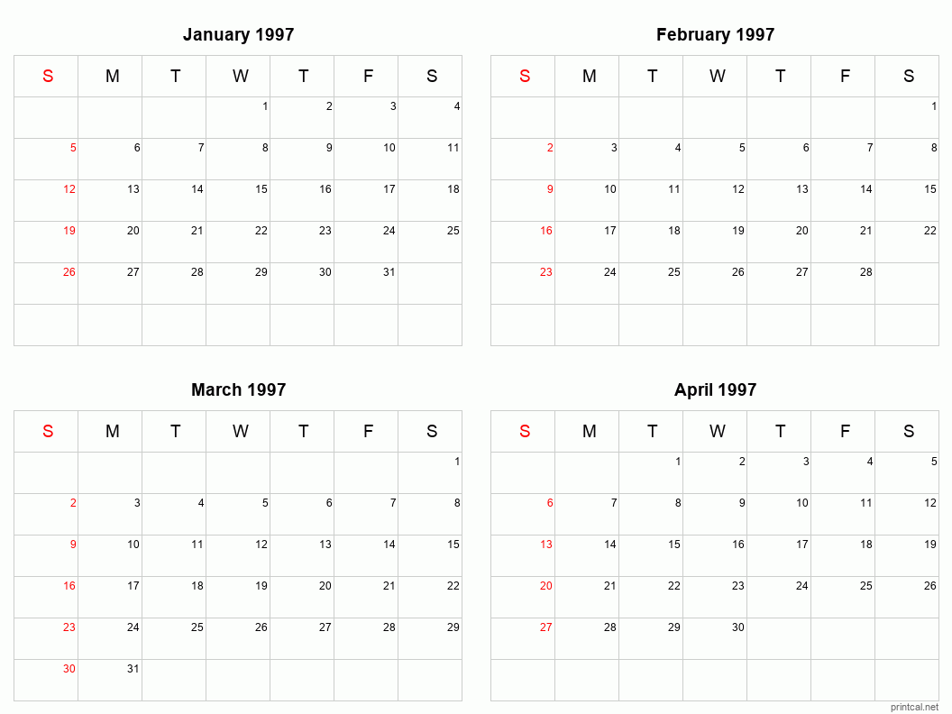 4 month calendar January to April 1997