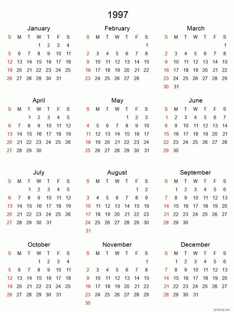 Printable 1997 Yearly Calendar