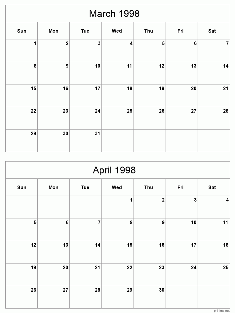 2 month calendar March to April 1998