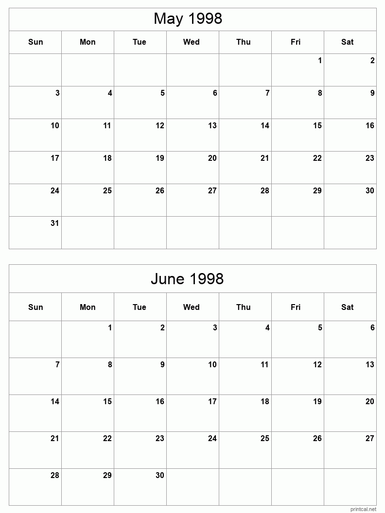 2 month calendar May to June 1998