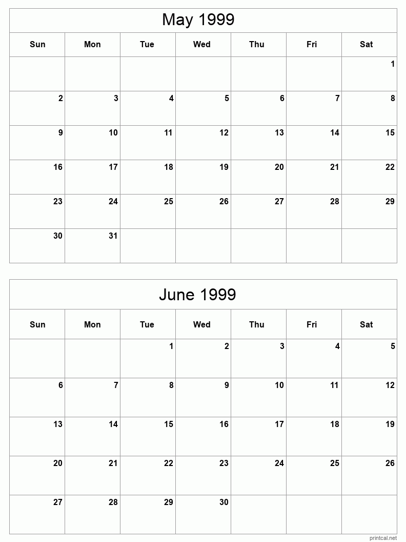 2 month calendar May to June 1999