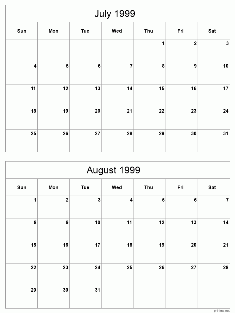 2 month calendar July to August 1999