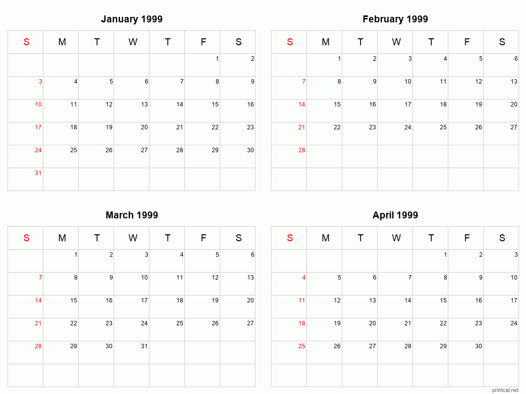 4 month calendar January to April 1999