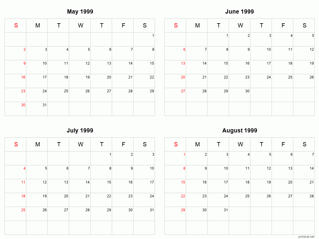 4 month calendar May to August 1999