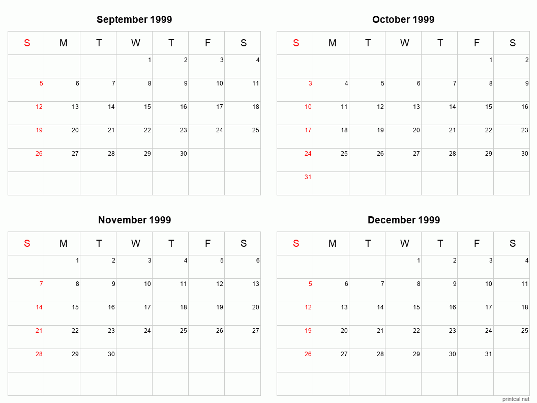 4 month calendar September to December 1999