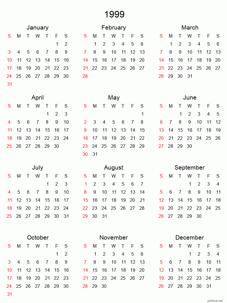 Printable 1999 Yearly Calendar