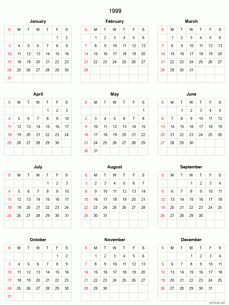 Printable 1999 Full-Year Calendar