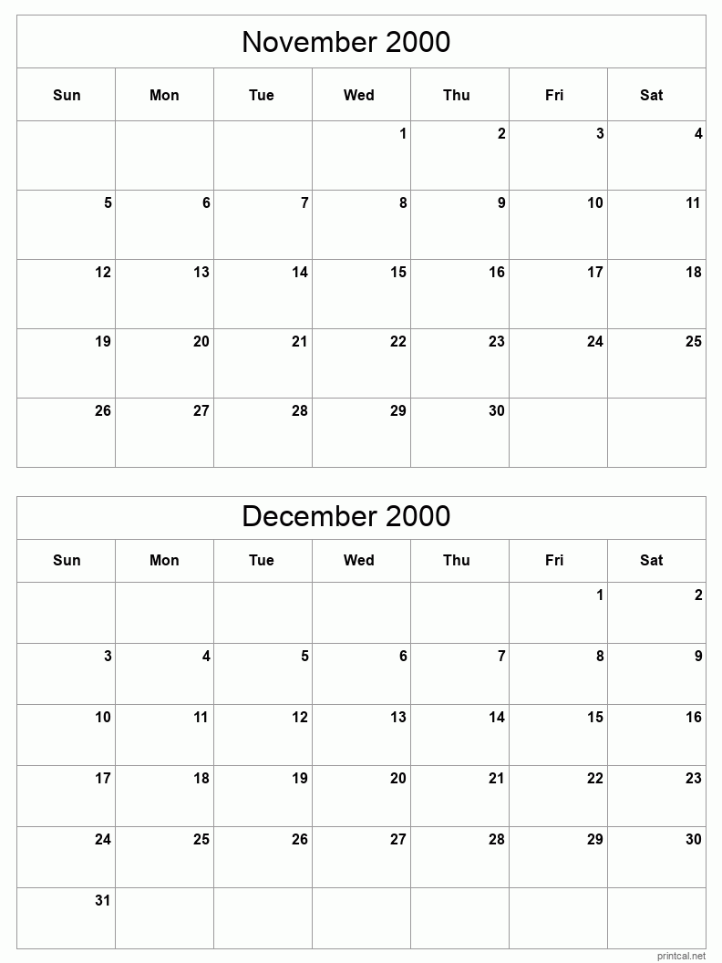 2 month calendar November to December 2000