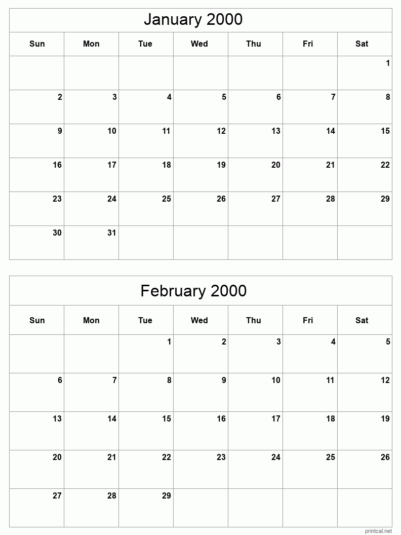 2 month calendar January to February 2000