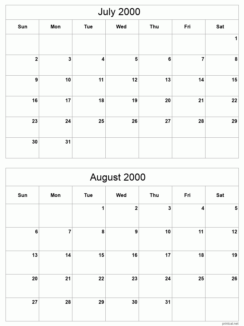 2 month calendar July to August 2000