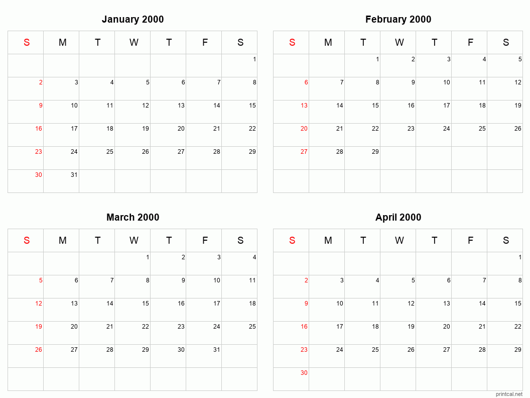 4 month calendar January to April 2000