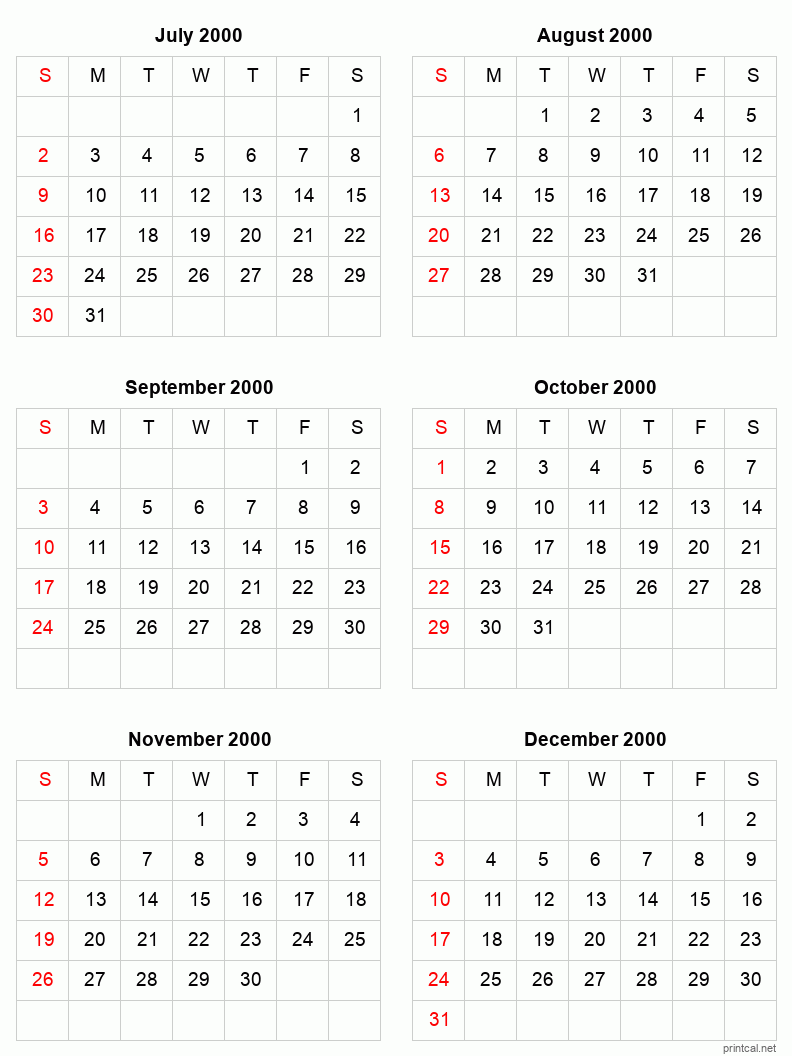 6 month calendar July to December 2000