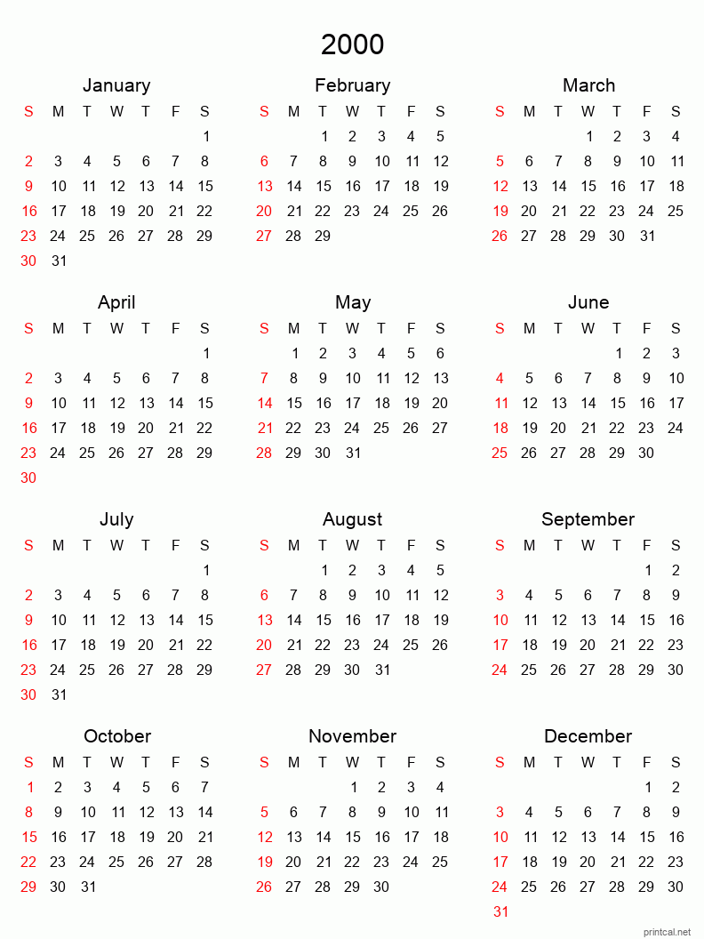 Printable 2000 Yearly Calendar