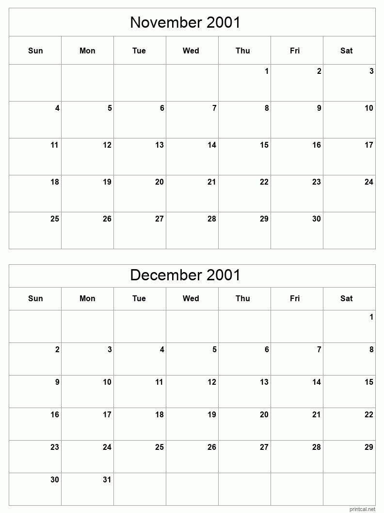 2 month calendar November to December 2001