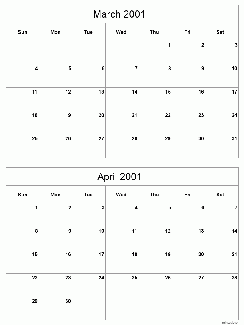 2 month calendar March to April 2001