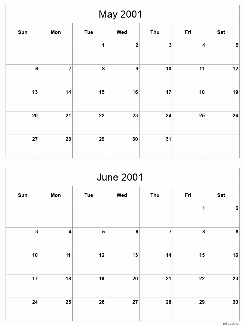 2 month calendar May to June 2001