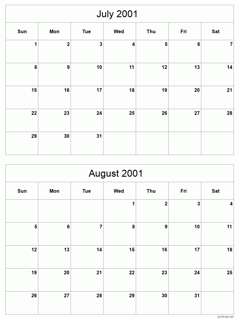 2 month calendar July to August 2001