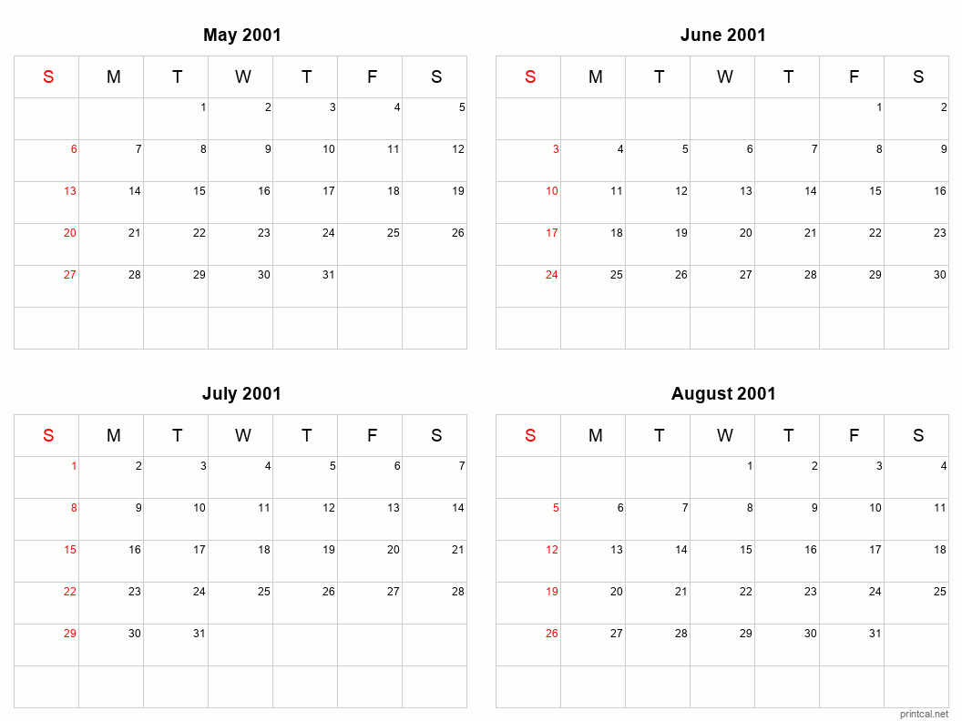 4 month calendar May to August 2001