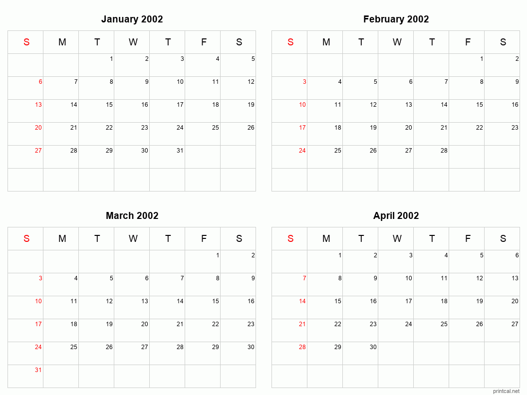 4 month calendar January to April 2002