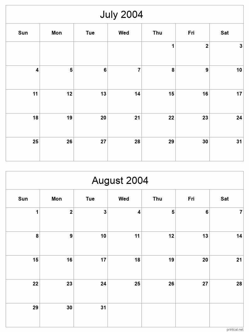 2 month calendar July to August 2004