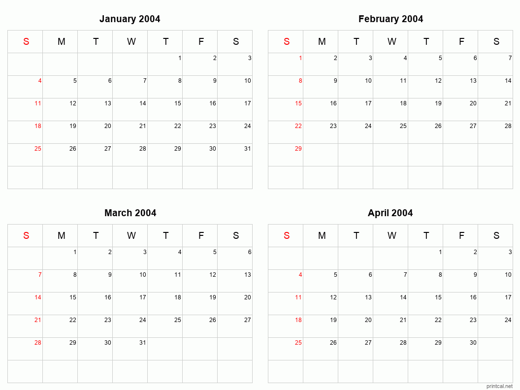 4 month calendar January to April 2004