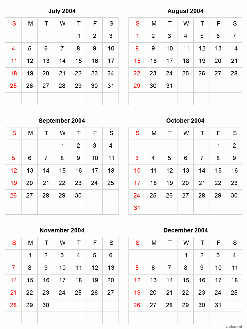 6 month calendar July to December 2004