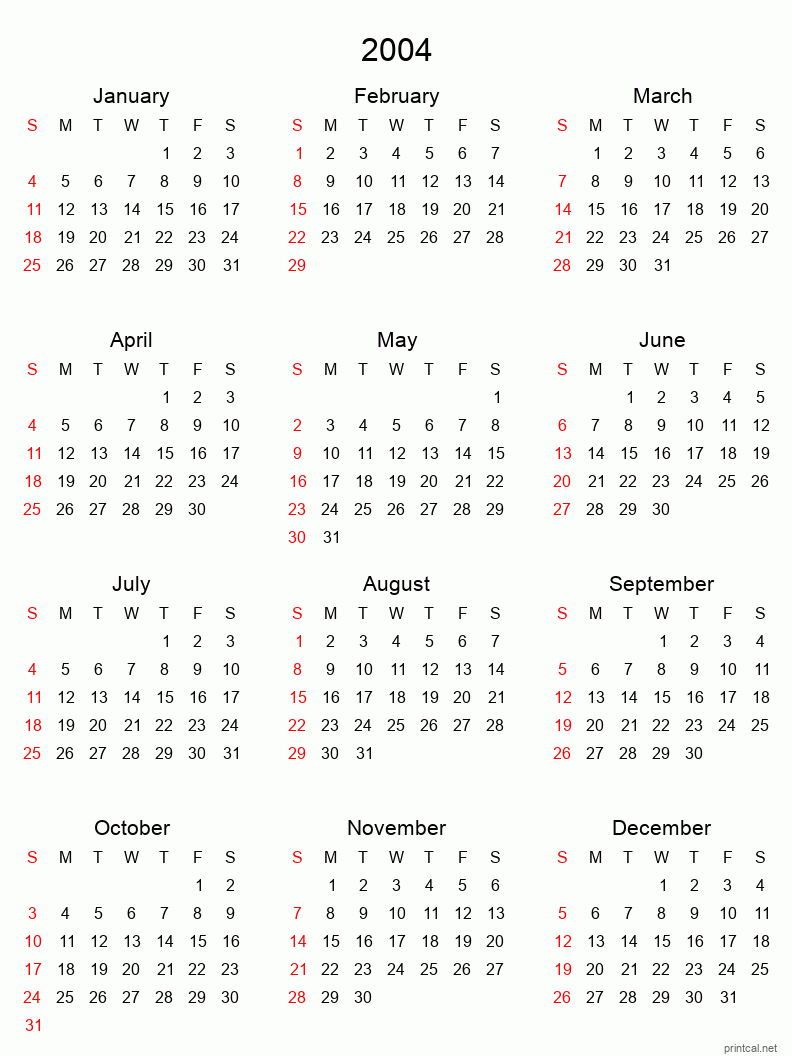 Printable 2004 Yearly Calendar