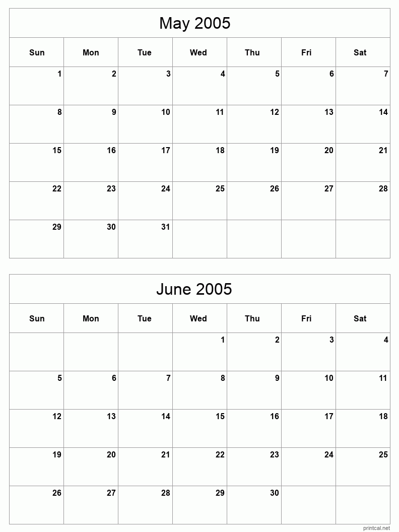 2 month calendar May to June 2005