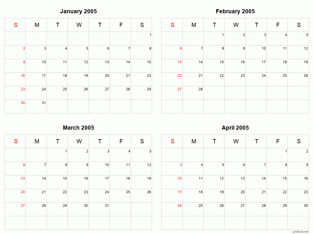 4 month calendar January to April 2005