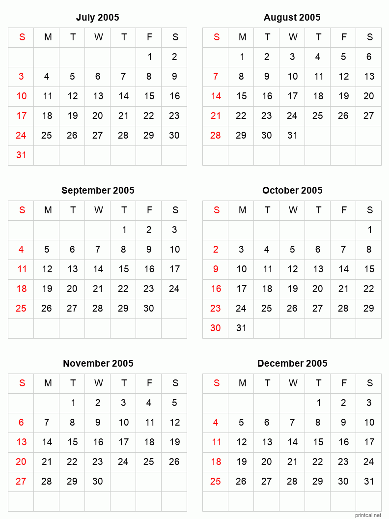 6 month calendar July to December 2005