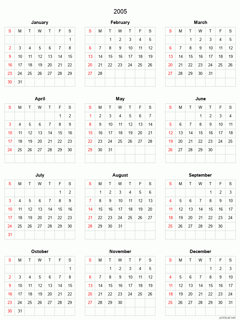 Printable 2005 Full-Year Calendar