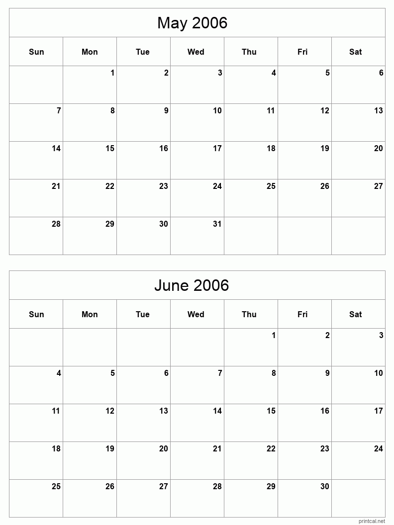 2 month calendar May to June 2006