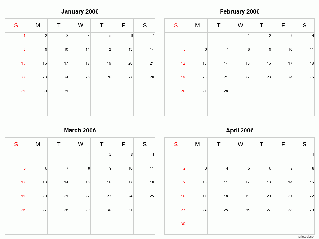 4 month calendar January to April 2006