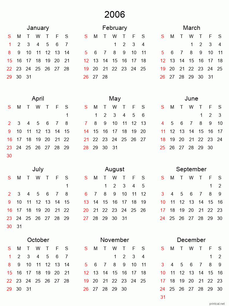 Printable 2006 Yearly Calendar