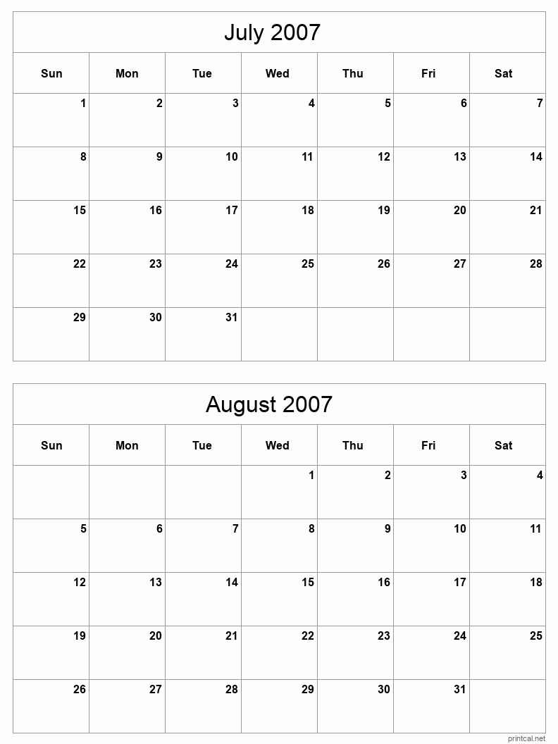 2 month calendar July to August 2007