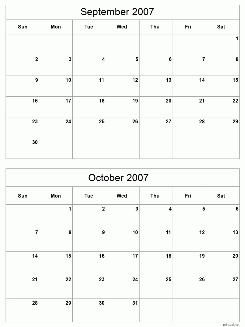 2 month calendar September to October 2007