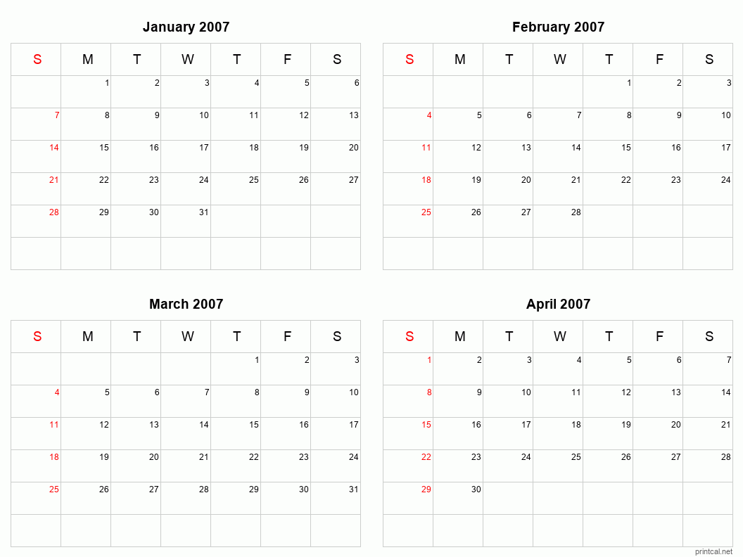 4 month calendar January to April 2007