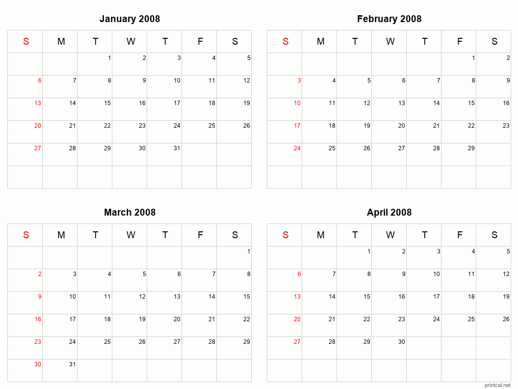 4 month calendar January to April 2008