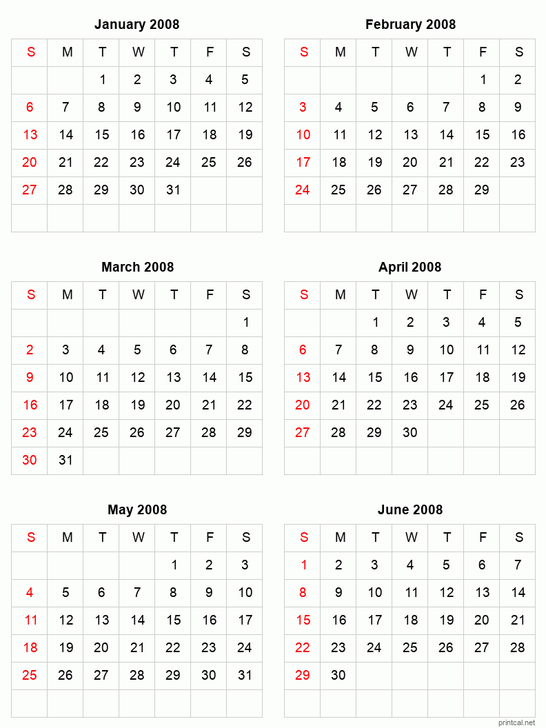 6 month calendar January to June 2008