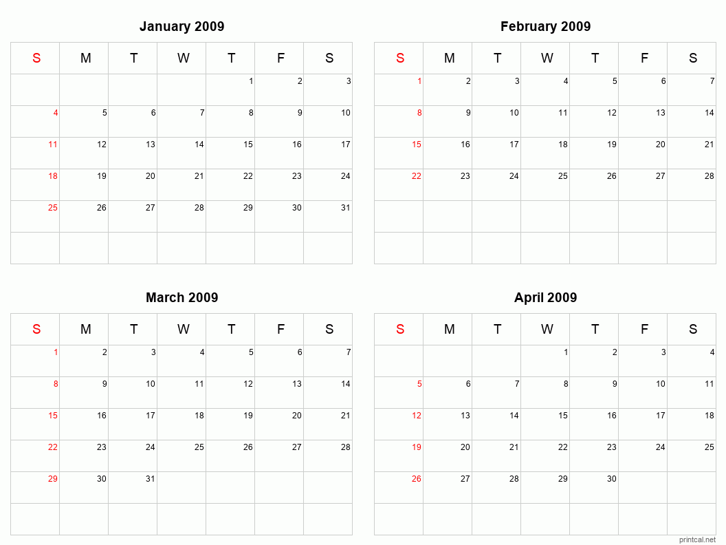 4 month calendar January to April 2009