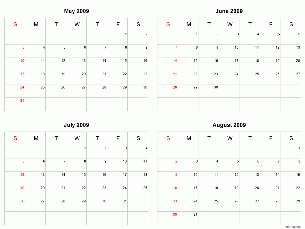 4 month calendar May to August 2009