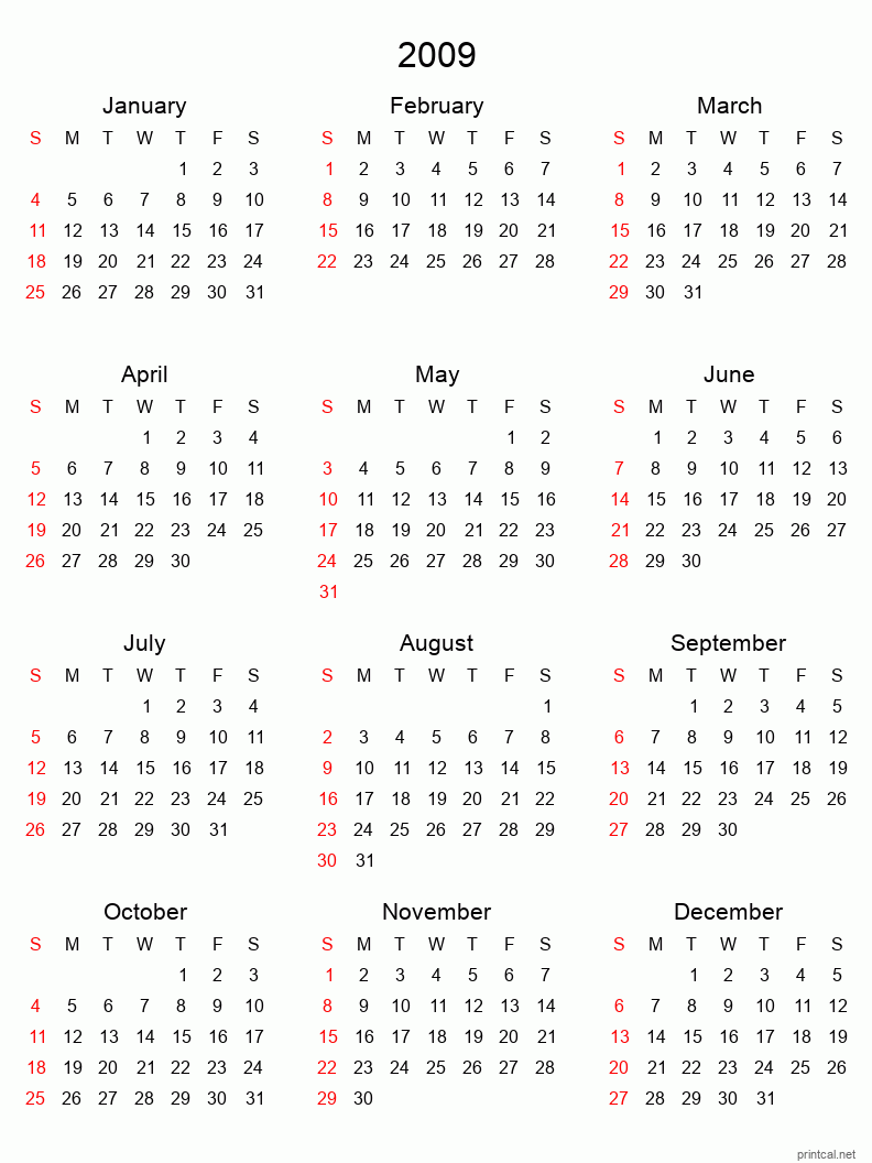 Printable 2009 Yearly Calendar