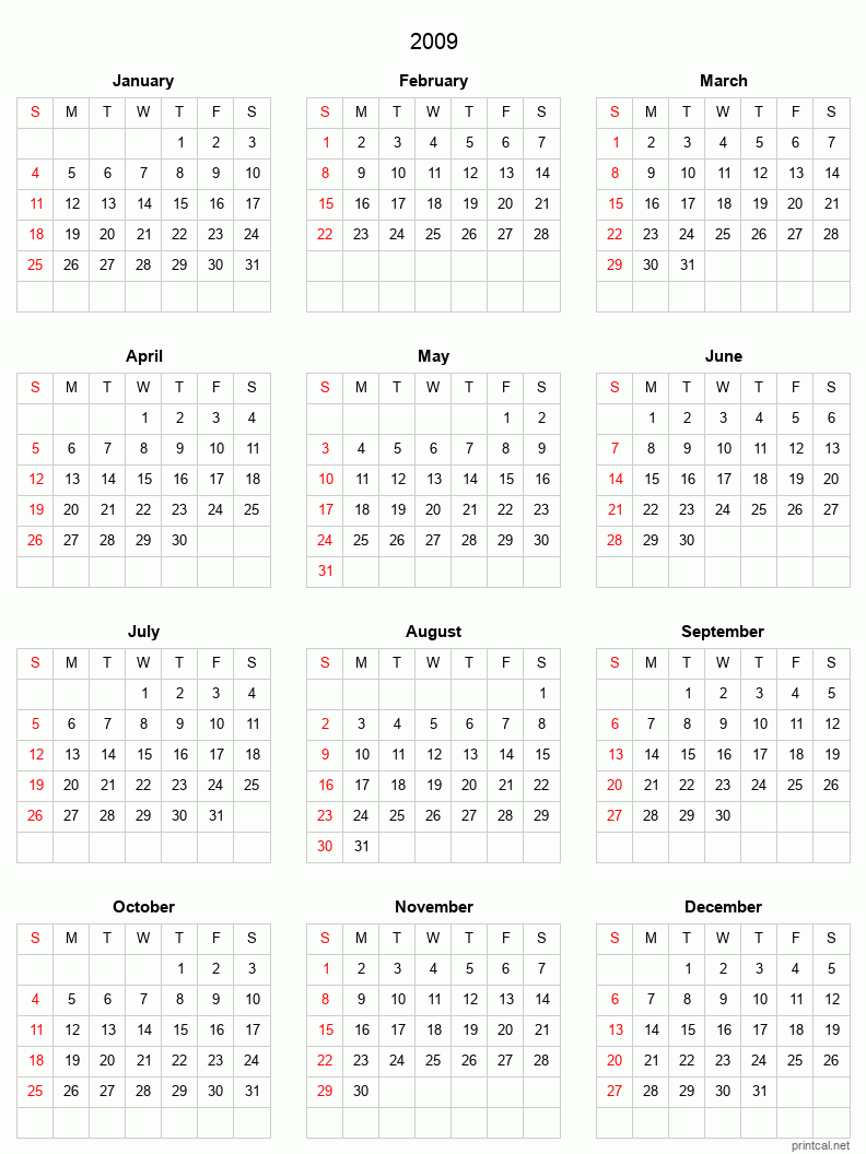 Printable 2009 Full-Year Calendar