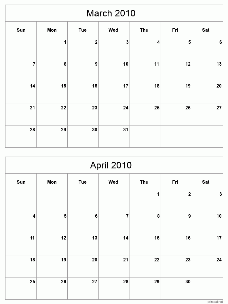 2 month calendar March to April 2010