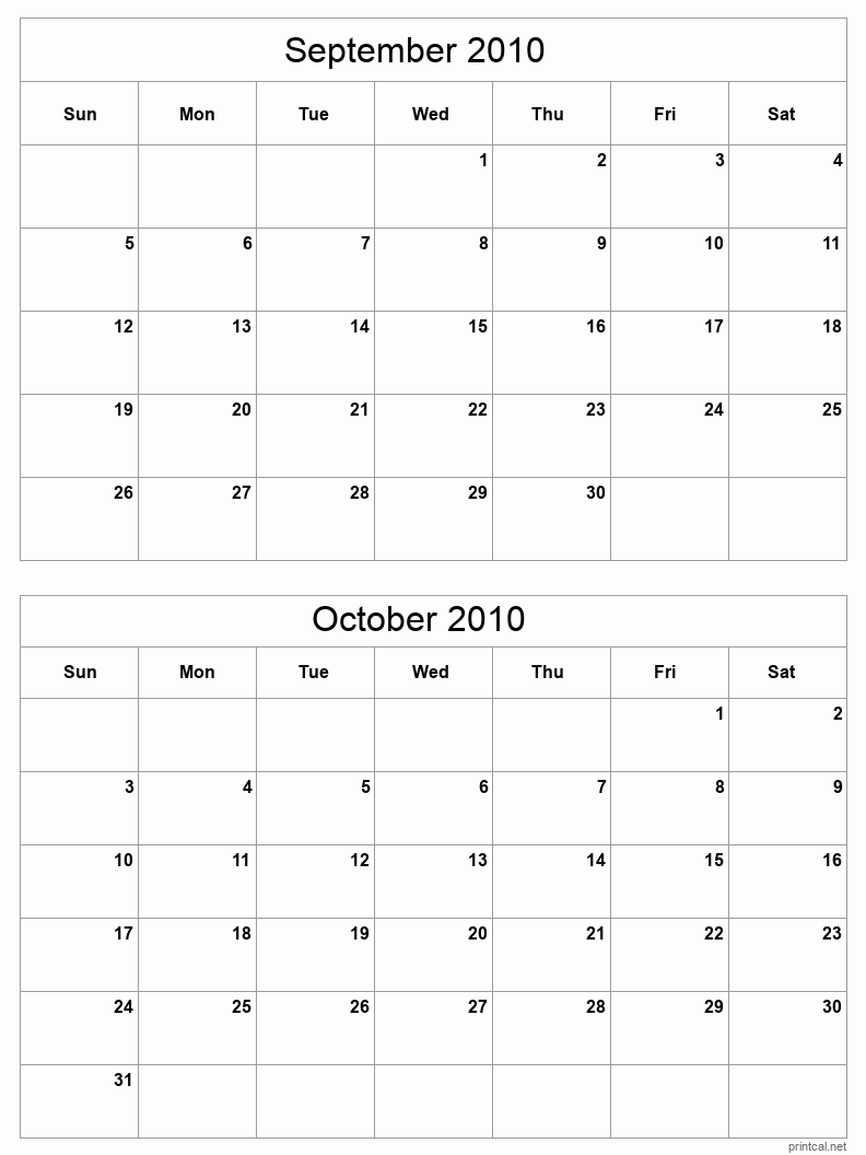 2 month calendar September to October 2010