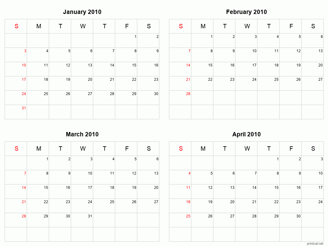 4 month calendar January to April 2010