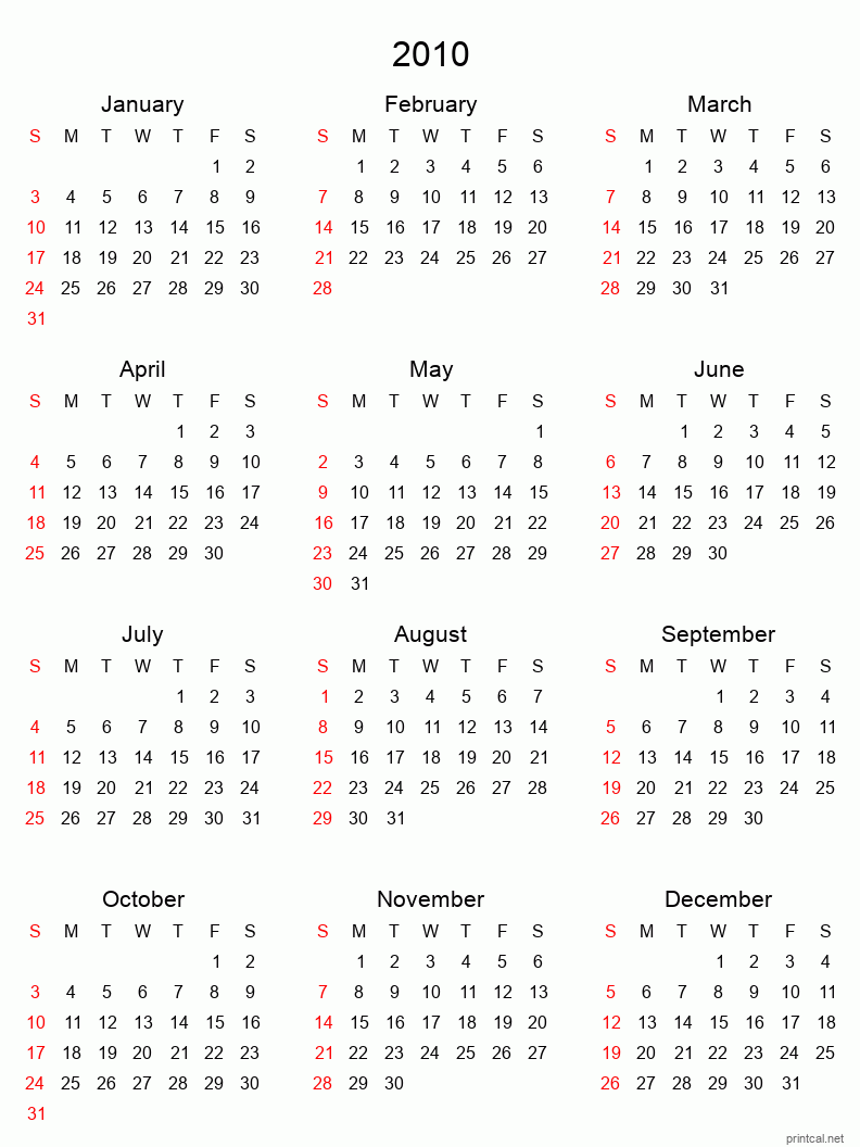 Printable 2010 Yearly Calendar