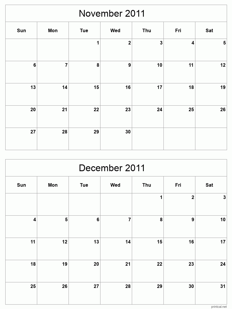 2 month calendar November to December 2011